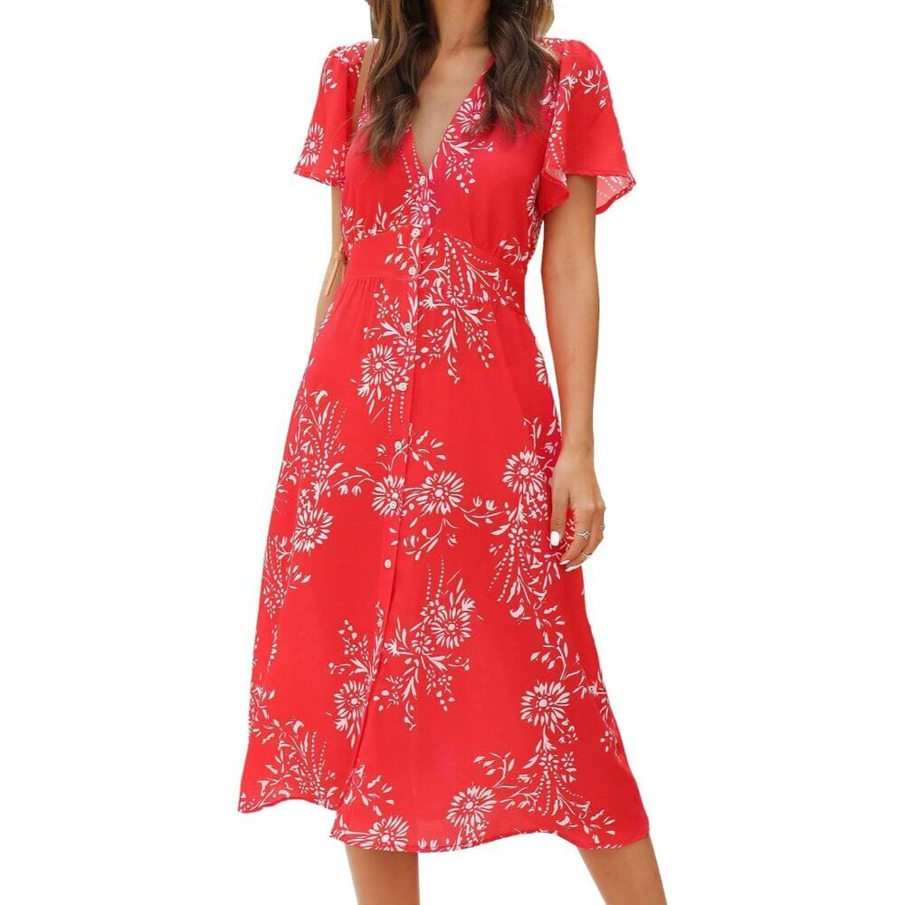 Women's Floral Button Up Midi Dress V Neck Bell Sleeve Pockets Casual